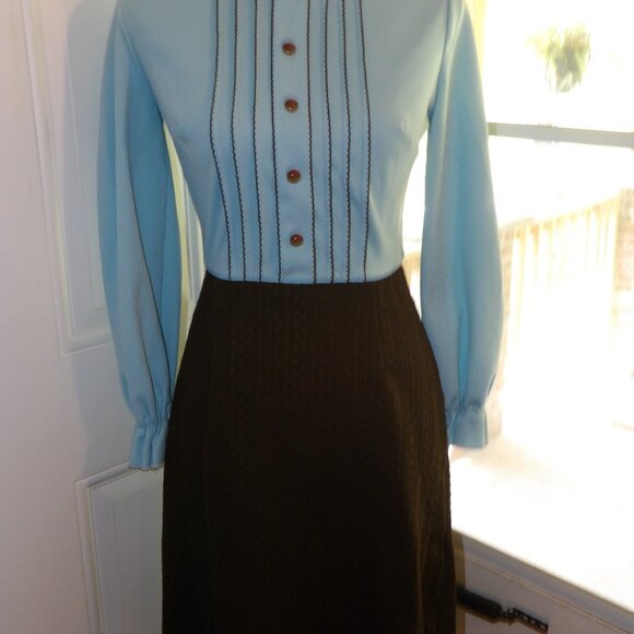 Women's Blue and Brown Ruffled Bodice Polyester Dress Momentum Small 1970s - Picture 5 of 7